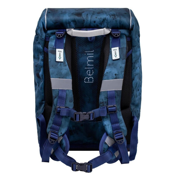 Belmil Motion ergonomisches Schulranzen Set 5-teilig "Blue Splash" aus recyceltem Material mit Brustgurt, Hüftgurt, Magnetverschluss, Patch Set 6 Stück