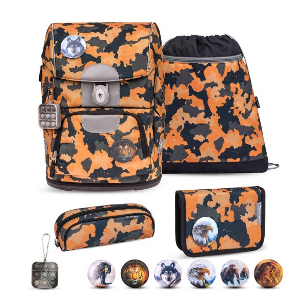 Belmil Motion ergonomisches Schulranzen Set 5-teilig "Orange Camouflage" aus recyceltem Material mit Brustgurt, Hüftgurt, Magnetverschluss, Patch Set 6 Stück