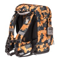 Belmil Motion ergonomisches Schulranzen Set 5-teilig "Orange Camouflage" aus recyceltem Material mit Brustgurt, Hüftgurt, Magnetverschluss, Patch Set 6 Stück