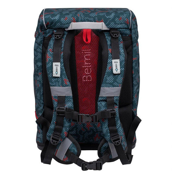 Belmil Motion ergonomisches Schulranzen Set 5-teilig "Red Dots" aus recyceltem Material mit Brustgurt, Hüftgurt, Magnetverschluss, Patch Set 6 Stück