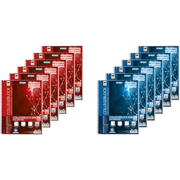 12 X  Stylex Spiral-Collegeblock DIN A4 liniert & kariert - 80 Blatt