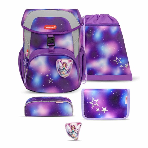 Belmil Maxi ergonomisches Schulranzen-Set 5-teilig "Shining Fairy" mit Brustgurt und Hüfgurt, Magnetverschluss, Patch Set 3 Stck