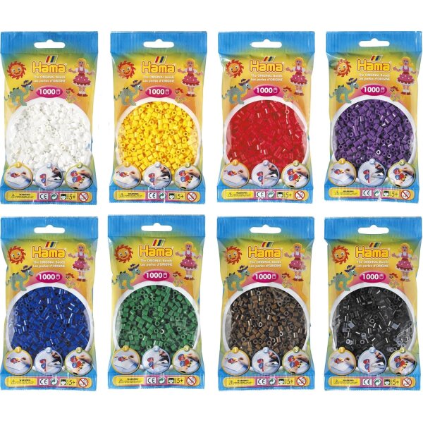 Hama Midi Bügelperlen (Kon-1) Konvulut 8x Vollton Farben,Weiß,Gelb,Rot,Lila,Grün,Blau,Braun,Schwarz