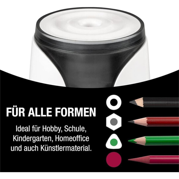 JOLLY Herbert Elektrospitzer Großer elektrischer Spitzer für alle Stifte, auch für feine Künstlerstifte und Vollminenstifte mit Autostopp Weiß