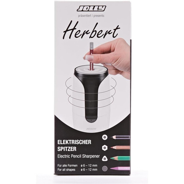 JOLLY Herbert Elektrospitzer Großer elektrischer Spitzer für alle Stifte, auch für feine Künstlerstifte und Vollminenstifte mit Autostopp Weiß