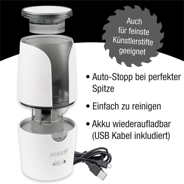 JOLLY Herbert Elektrospitzer Großer elektrischer Spitzer für alle Stifte, auch für feine Künstlerstifte und Vollminenstifte mit Autostopp Weiß