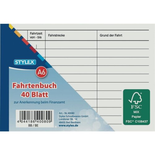 5 x Stylex Fahrtenbuch 40 Blatt DIN A6