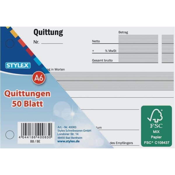 Stylex Quittung A6 50 Blatt