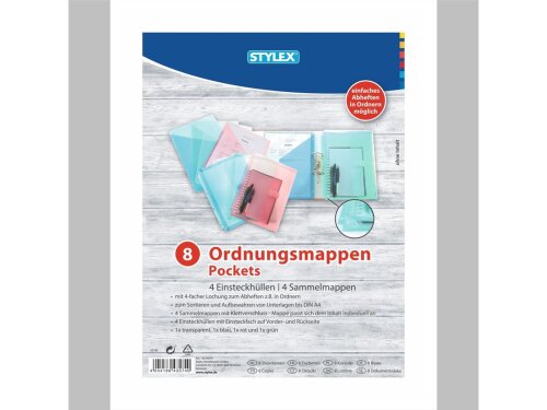 Stylex-Ordnungsmappen Set 8-teilig, in 4 verschiedenen Farben transparent, blau, rot & grün