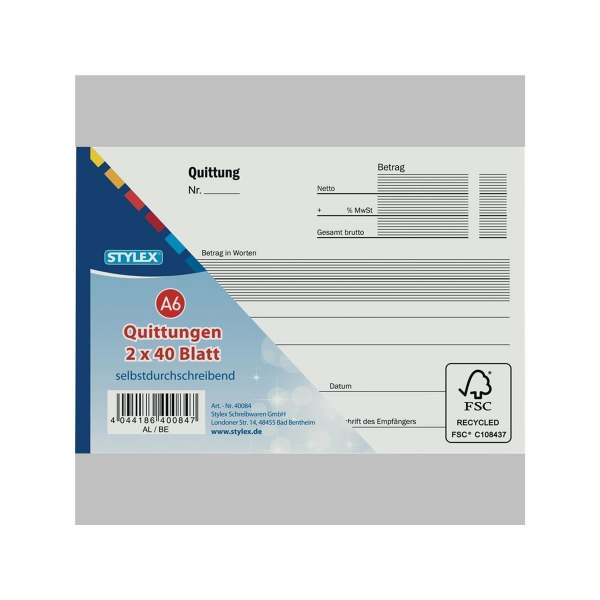 15x Stylex Quittungsblock 2x40 Blatt DIN A6 selbstdurchschreibend