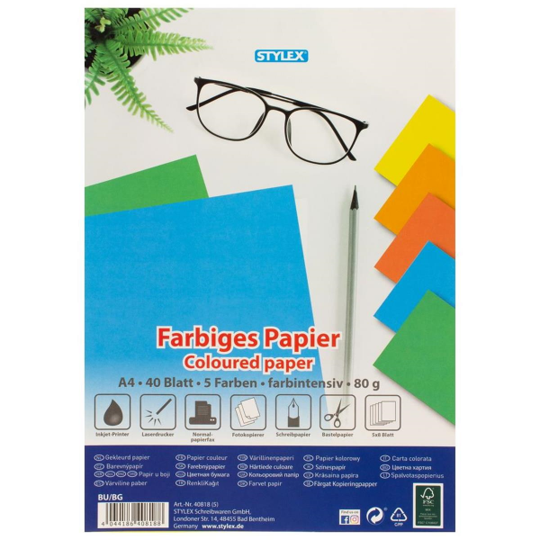 Stylex Farbiges Papier DIN A4 40 Blatt
